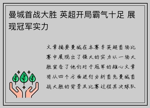 曼城首战大胜 英超开局霸气十足 展现冠军实力